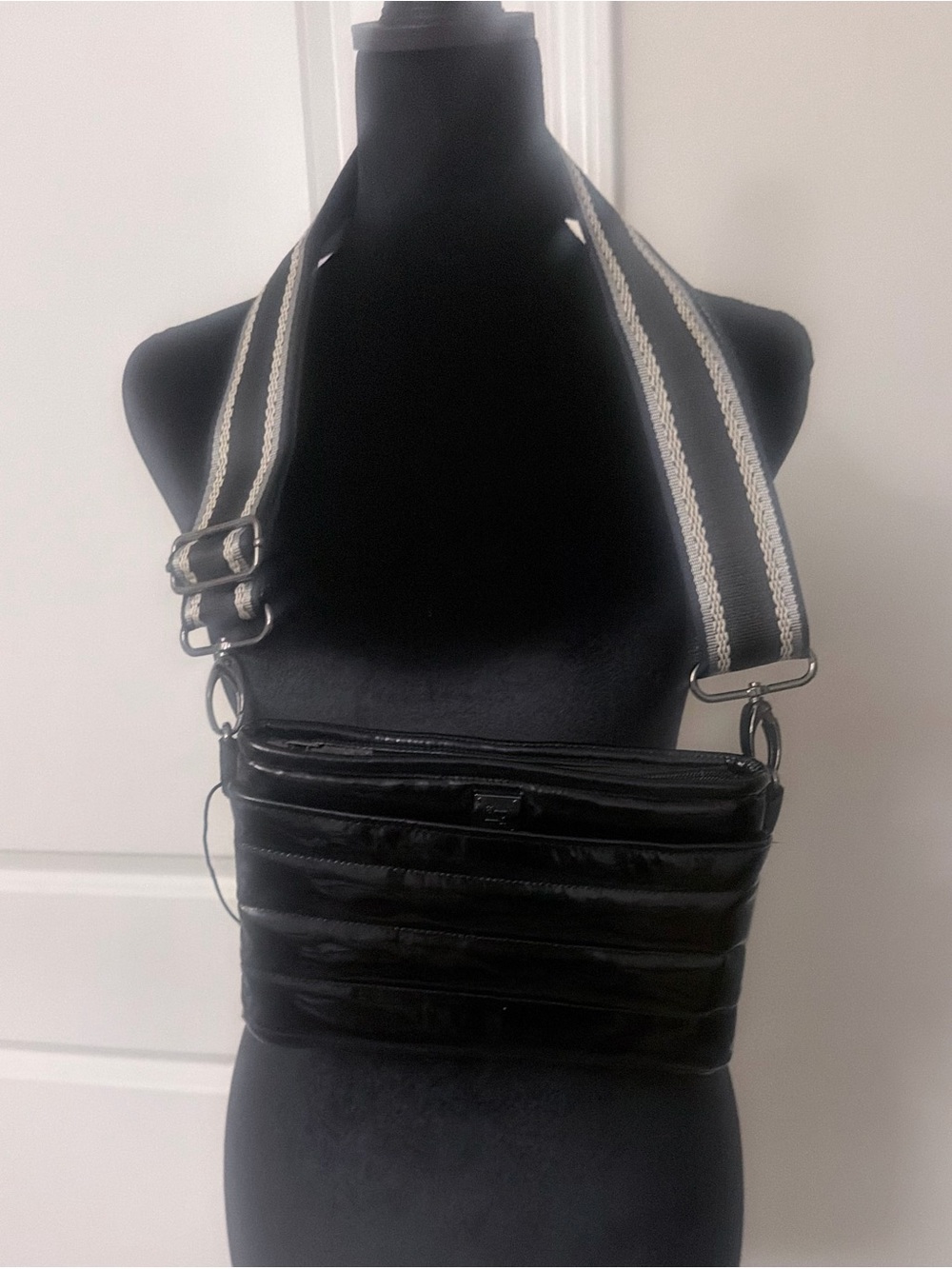 THINK ROYLN Black Quilted Crossbody with Striped Adjustable Strap